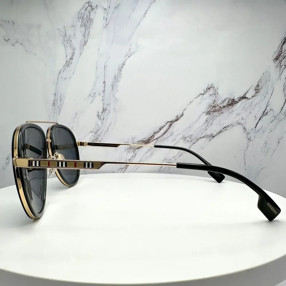 New Burberry Sunglasses Polarized Gold Black Check Arms Aviator Pilot Metal